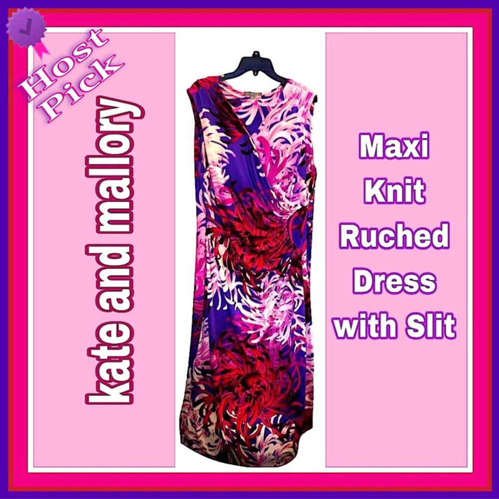 Kate and Mallory Sleeveless Faux Wrap Radiant Floral Knit Maxi with Side Slit 1x